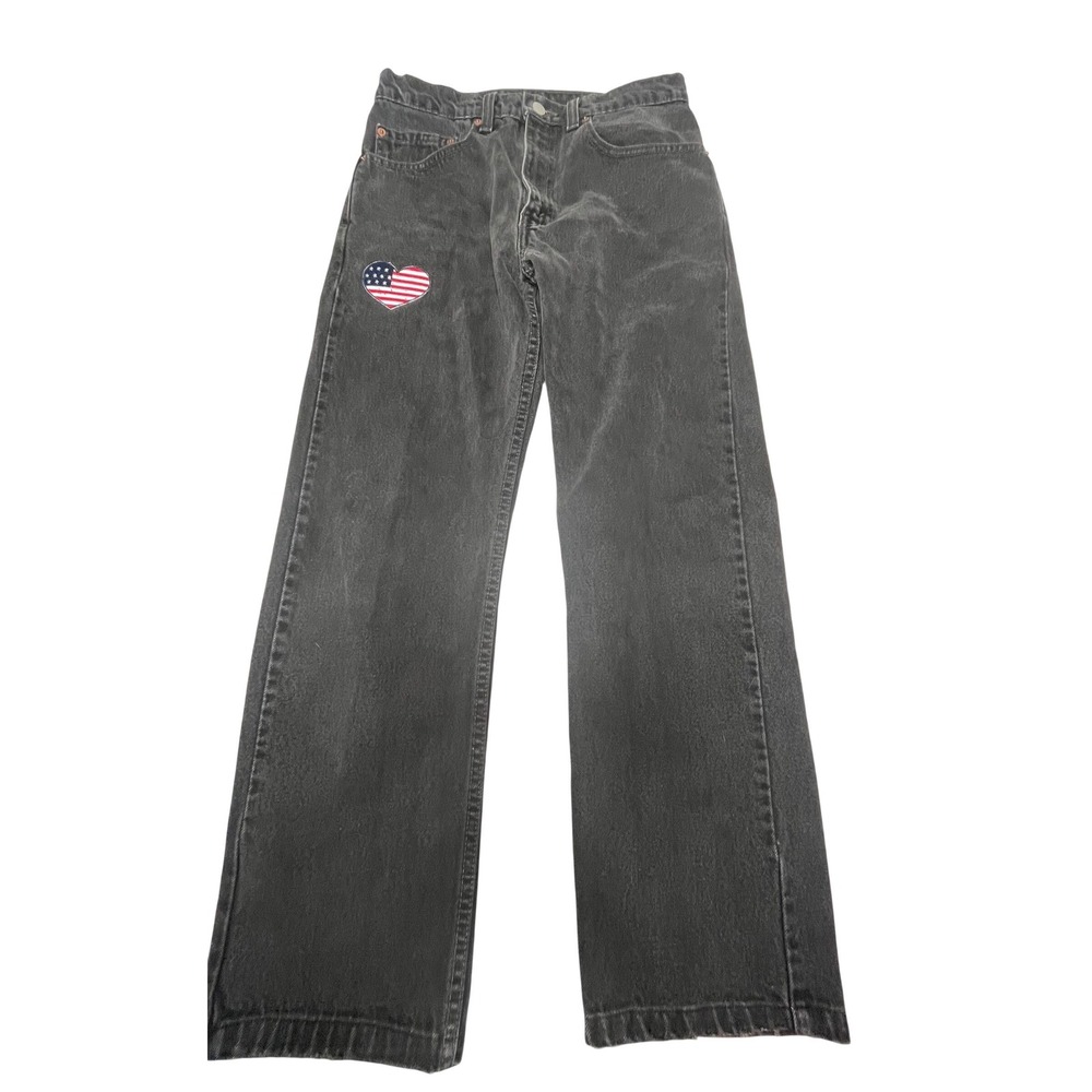 Levis 505 Vintage Black Straight Leg Jeans American Flag Heart Patch W31 L30 90s